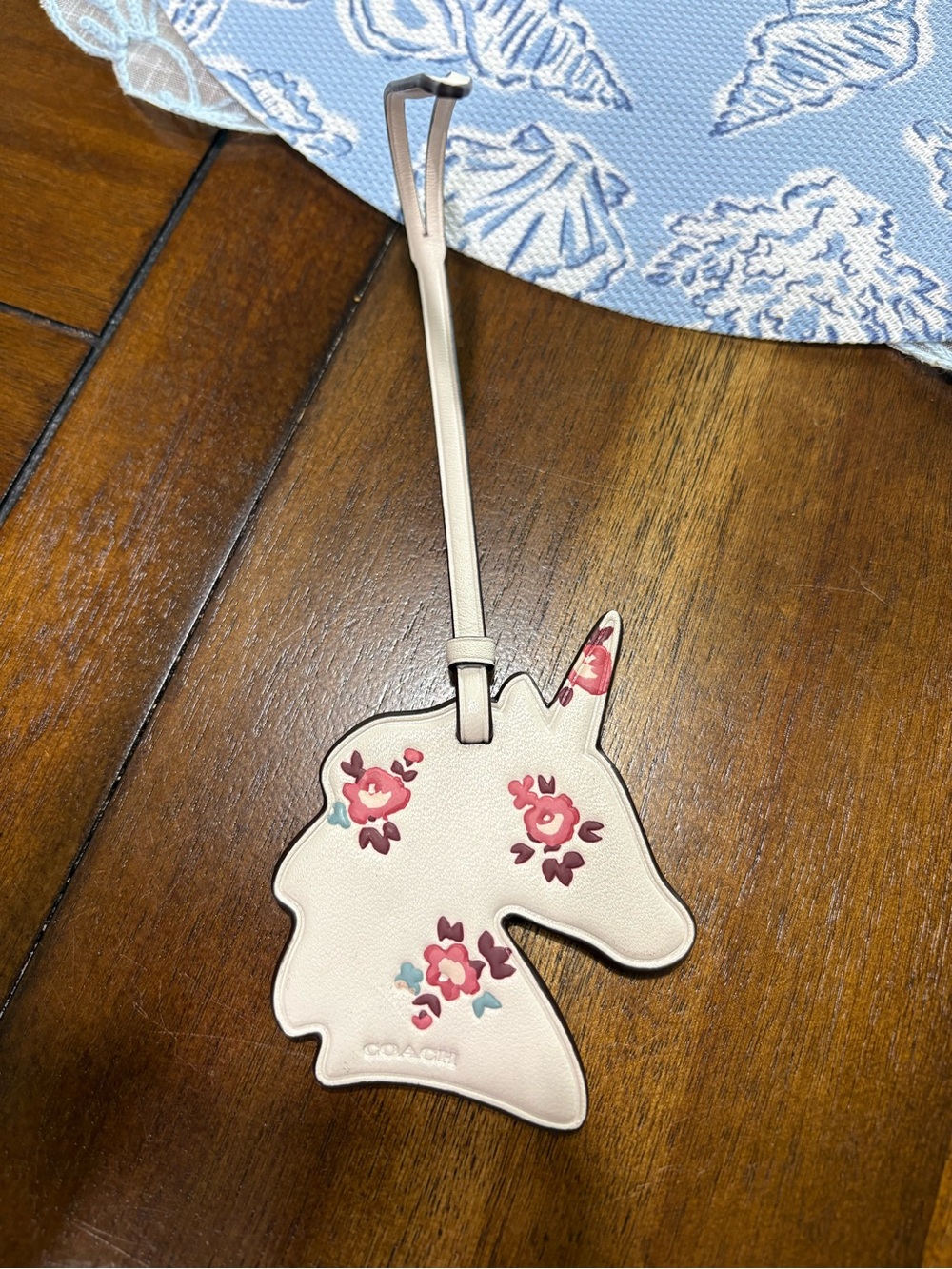Coach Cream Unicorn Luggage Tag with Pink Floral Appliqués